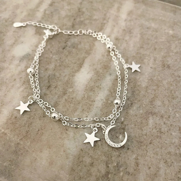 925 Sterling Silver Multi-Layer Bracelet Dainty Moon and Star Bracelet - Picture 4 of 5